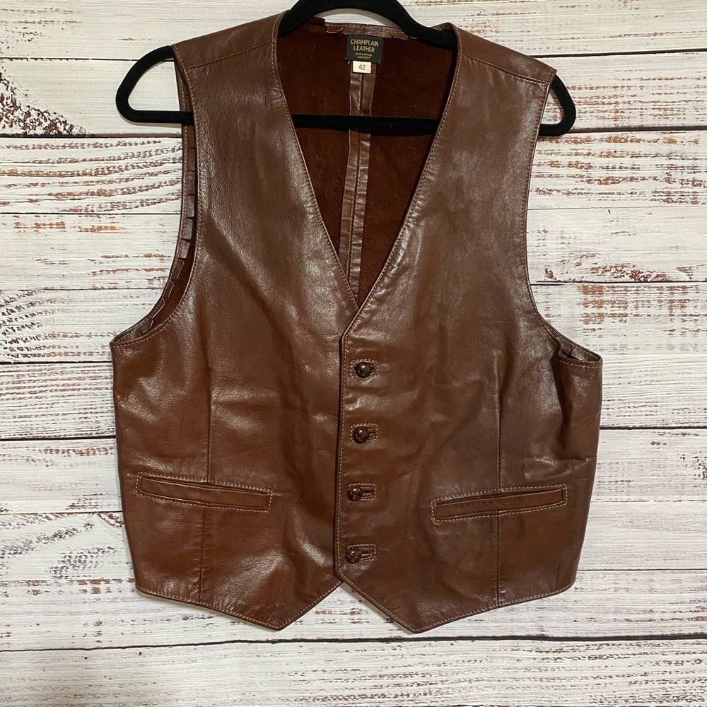 Vintage Champlain Leather VT Brown Leather Boho Hippie Festival Vest size 42